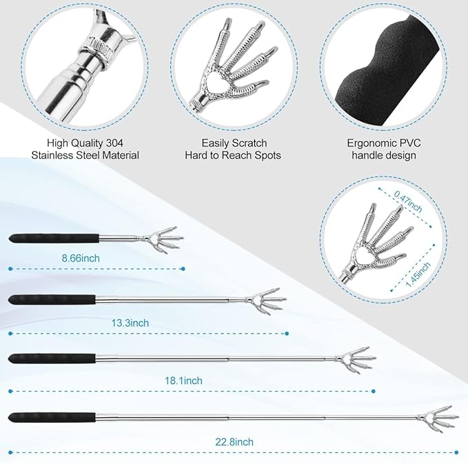 4Pcs Different Back Scratcher Extendable Back Massager Tool with Rubber Handles, Metal Portable Telescoping Back Scratcher, Stocking Stuffers for Men Women Christmas Gift (Black)
