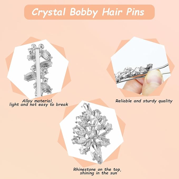 10 Pieces Rhinestone Hair Clips, Crystal Bobby Hair Pins Decorative Rhinestone Hair Barrettes for Wedding, Leaf Feather Sunflower Hair Clips Metal Hair Accessories for Women,4 Styles (silver)