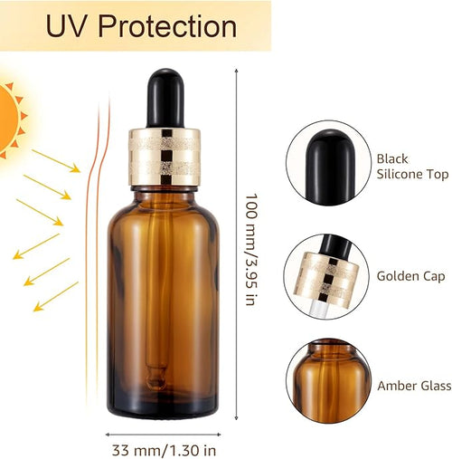 30 Pack 30ml Amber Glass Dropper Bottles with Droppers, Funnels & Labels for Essential Oils, 1oz Eye Dropper Bottles with Golden Caps, Brown Empty Glass Tincture Vials for Travel