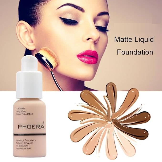 2 Pack PHOERA Foundation,Matte Oil Control Concealer Foundation Cream,PHOERA Long Lasting Waterproof Matte Liquid Foundation for Women Girls (104 Buff Beige+105 Sand)