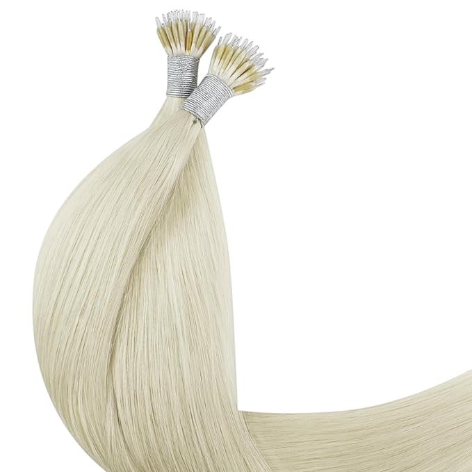 YoungSee Nano Bead Hair Extensions Human Hair Blonde Platinum 20 Inch Nano Ring Hair Extensions White Blonde Remy Hair Nano-Tip Extension Real Human Hair Long for Natural Look 50G