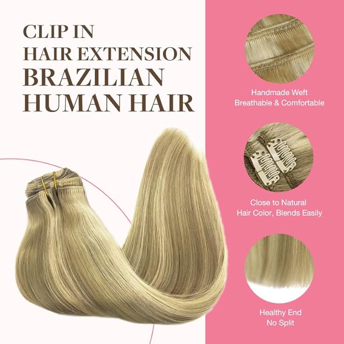 GOO GOO Clip in Hair Extensions Real Human Hair, Remy Human Hair Extensions Clip ins for Women, Natural Human Hair, 16inch 150g 9Pcs, 16/22 Light Blonde Highlighted Golden Blonde