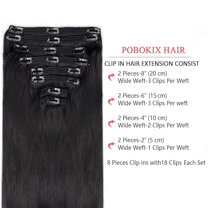 Straight Clip in Hair Extensions Real Human Hair 8Pcs Remy Human Hair Clip ins for Women, Natural Soft Silk Straight Human Hair 120g 22inch #1B Natural Black
