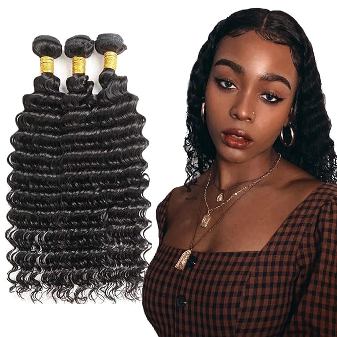 Human Hair Bundles Natural Black Deep Wave Bundle Niegmeag Virgin Soft and Silky Remy Hair 3 Bundles 22 24 26 Inch Double Weft Color 1B Deep Wave Bundle