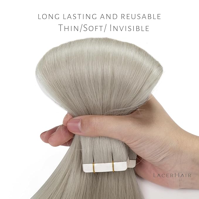 Lacer Tape in Hair Extensions - Human Hair, 20 Inch, Natural Grey Silver, Seamless, Silky Straight, 20pcs, 50grams