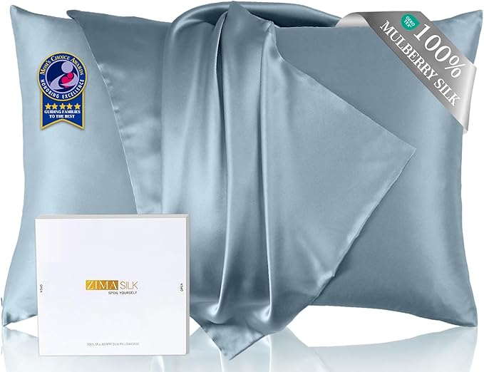 ZIMASILK Upgraded 100% 6A Grade Pure Mulberry Silk Pillowcase for Hair and Skin Silk Pillow Cases with Reinforced Hidden Zipper, More Soft & Durable, Gift Box (Queen 20"x30" Light Blue)