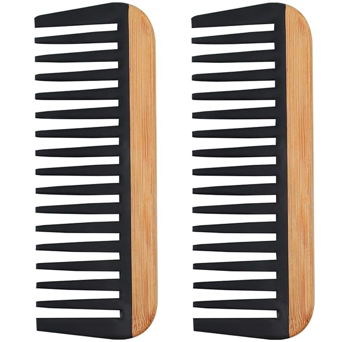 2 Pcs Bamboo Wide Tooth Comb - Anti-Static Wooden Wide Tooth Comb for Women, Detangling Hair Comb for Curly/Wet/Thick Hair with Bakelite Teeth