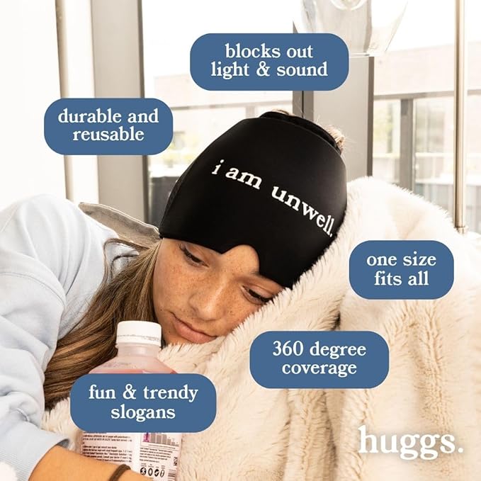Huggs Migraine Relief Cap - I Am Unwell - Cooling Gel Head Wrap, Cold Compress Cap for Headache, Stress, & Tension