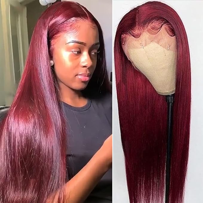 Burgundy 99J Lace Front Wigs Human Hair Pre Plucked Wine Red 13x4 Straight Lace Frontal Wig with Baby Hair for Black Women 150% Density Wig Colored Brazilian Virgin Hair Wig 16 Inch