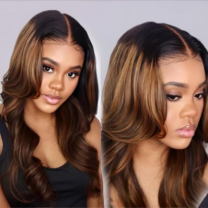 KLAIYI Ombre Brown Body Wave Lace Front Wigs Human Hair Highlight Balayage 13x4x1 T Part Ear to Ear Lace Wig Pre Plucked with Baby Hair Easy to Wear and Go Wigs for Black Women Natural Hairline 16Inch