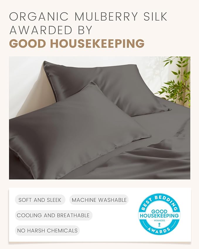THXSILK Set of 2 Silk Pillowcase for Hair and Skin, 100% Mulberry Silk Bed Pillowcase Ultra-Soft, Soft Breathable Silk Pillow Case with Hidden Zipper, California King 20"x40", Dark Gray