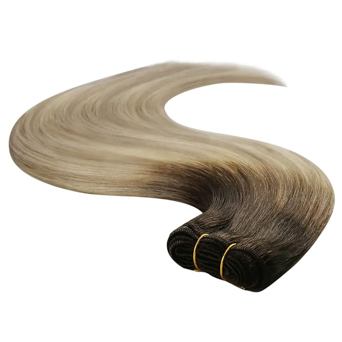 YoungSee Sew in Hair Extensions Real Human Hair 22Inch Ombre Blonde Double Weft Human Hair Extension Brown Roots to Gold Blond Mix Platinum Blonde Hair Extensions Sew in for Long Hair 100G