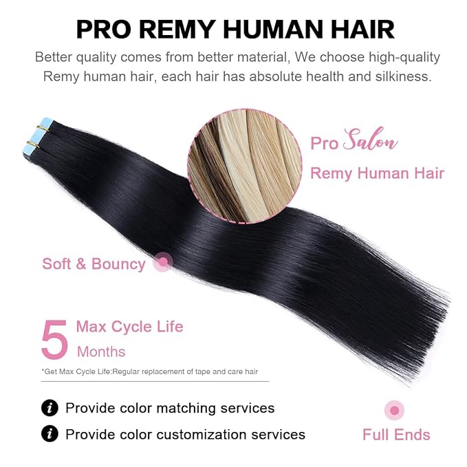 SUYYA Tape in Hair Extensions Human Hair Black Straight 20 Pcs/Pack 50g Tape in Extensions 24 inch Jet Black #1