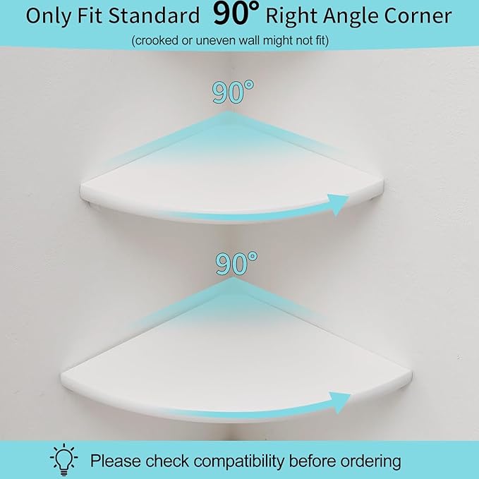 Corner Shelves, Floating Corner Shelf, Set of 2 Solid Oak Wood Wall Shelves, Round End Wall Mount with Wire Hole Shelving for Small Plant for Bedroom Kitchen, Living Room (White, 7.1in 2P)