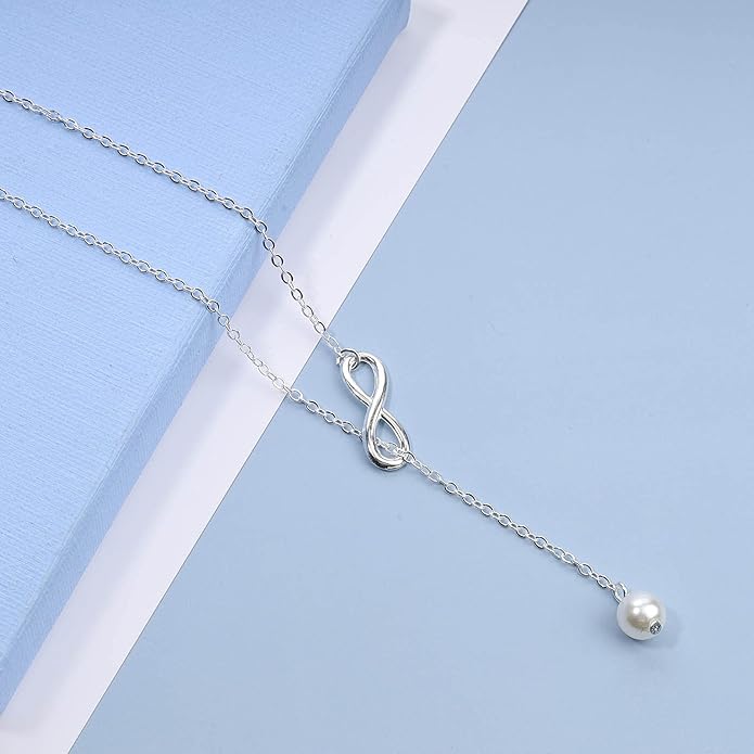 Boho Pearl Infinity Necklace Silver Y Pearl Necklace Minimalist Chain Y Lariat Necklace Chain Jewelry for Women and Girls