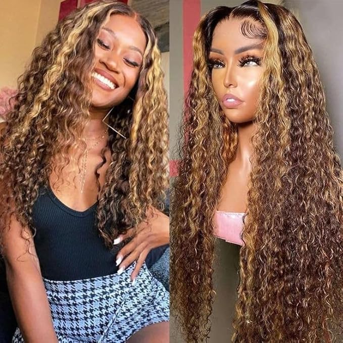 CYNOSURE Honey Blonde Ombre Lace Front Wig Human Hair 13x5 Highlight Deep Wave Curly Wig 4/27 Colored HD Transparent Lace Front Wigs Pre Plucked with Baby Hair 180% Density 24 Inch