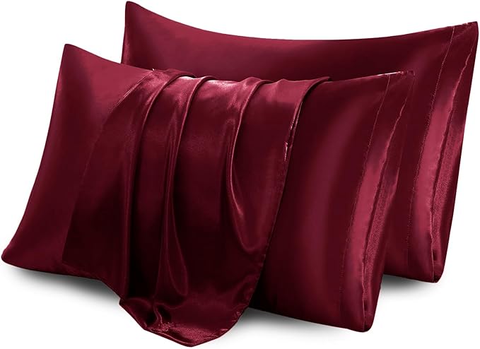 Aormenzy Satin Pillow Cases for Women King Size Set of 2, Burgundy Satin Pillowcase for Hair with Envelope Closure Silky Pillow Covers Wrinkle, Fade Resistant (20x40 Inches)