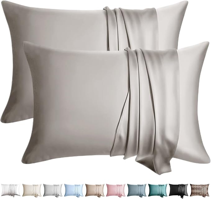 100% Silk Pillow Cases 2 Pack King Size Mulberry Silk Pillowcase for Hair and Skin Set of 2 Highest Grade 6A Silk Soft Breathable Cooling with Hidden Zipper, Grey
