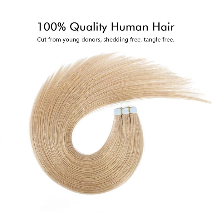 SUYYA Tape in Hair Extensions Human Hair 100% Remy Human Hair 16 inches 20pcs 40g/pack Straight Seamless Skin Weft Tape in Human Hair Extensions(16 Inch #16 Light Blonde)