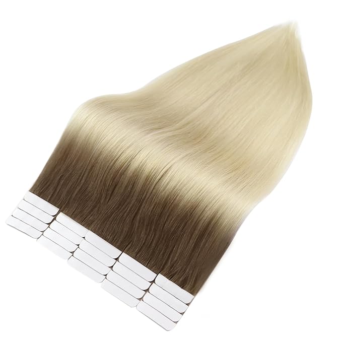 Full Shine Tape in Human Hair Extensions Color Balayage 8 Ash Brown Fading To 60 Blonde Seamless Tape in Hair Extensions 22 Inch Natural Straight Hair Extension 20 Pcs 50 Gram Add Length