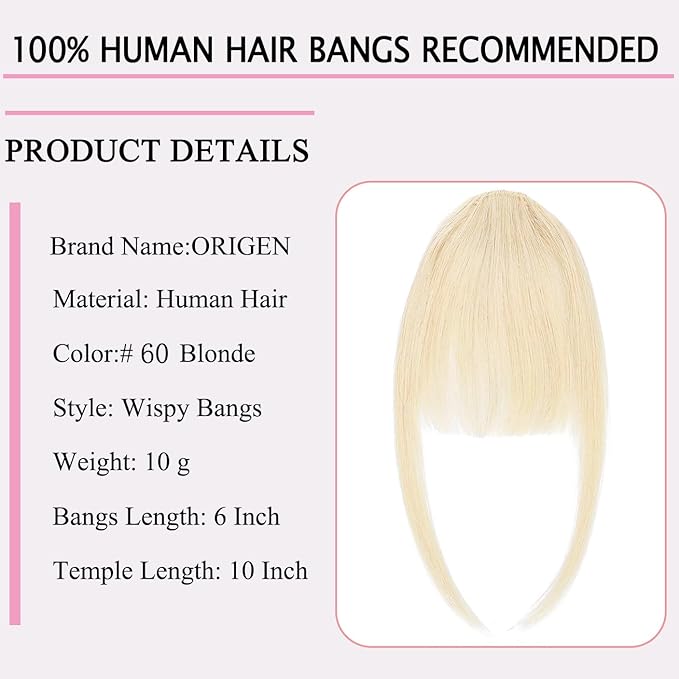 ORIGEN Clip in Bangs Real Human Hair Clip on Wispy Bangs Fringe with Temples Hairpieces Fake Front Bangs Extensions for Women Ice Blonde Color