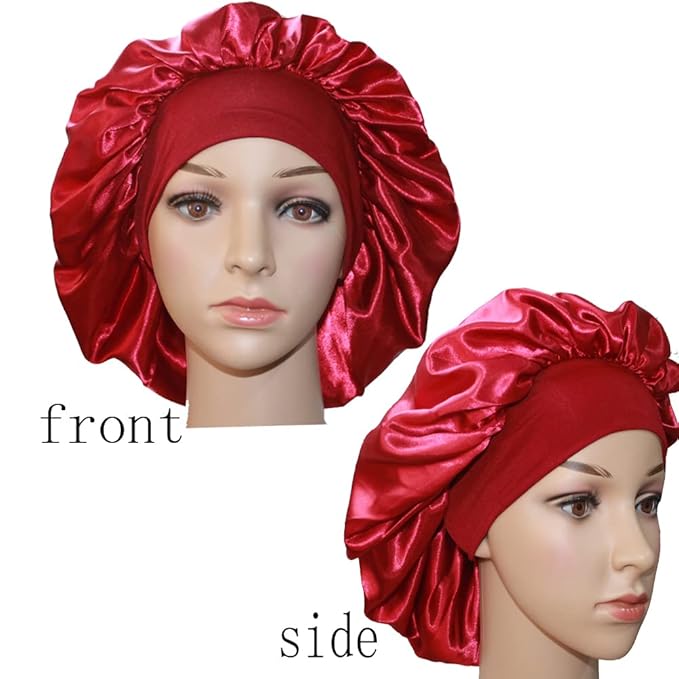 VEYRNEIC Hair Satin Bonnet for Sleeping Shower Caps Silk Chemo Caps with Wide Elastic Band Night Sleep Cap Bonnets for Black Women Braids with Satin Storage Bag (Wine Red)