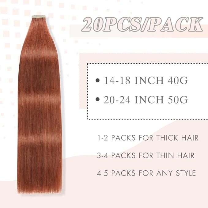 Human Hair Tape in Extensions, Auburn Brown Extensions Real Human Hair 20 Inch 20pcs Remy Straight Tape ins Invisible Tape in Hair Extensions Human Hair (#A33,20 Inch)