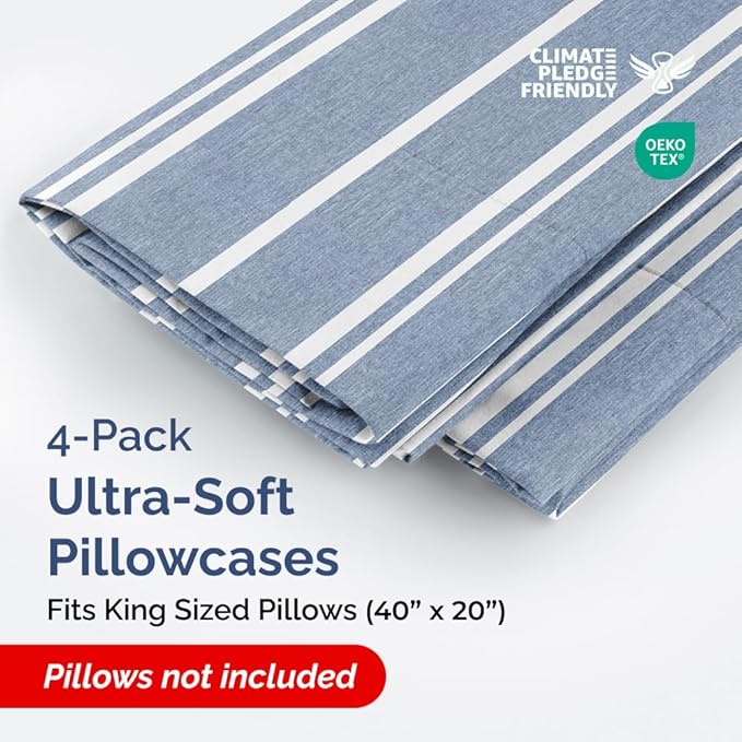 King Pillow Cases Set of 4 - Ultra Soft Hotel Quality Pillowcase Covers - Comfy, Cozy & Wrinkle Free - Shrinkage and Fade Resistant - Machine Washable Pillow Protectors - 4 Piece Set - Blue Stripes 3