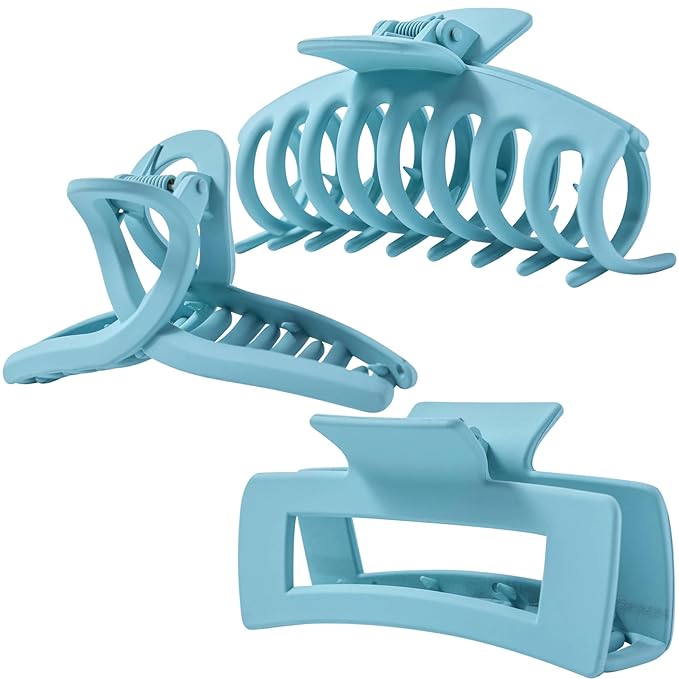 Light blue Large Hair Claw Clips for Thick/Fine/Thin Hair,Strong holding teeth interlocking sky blue Women Jaw Clips for Hair 3 Count In set