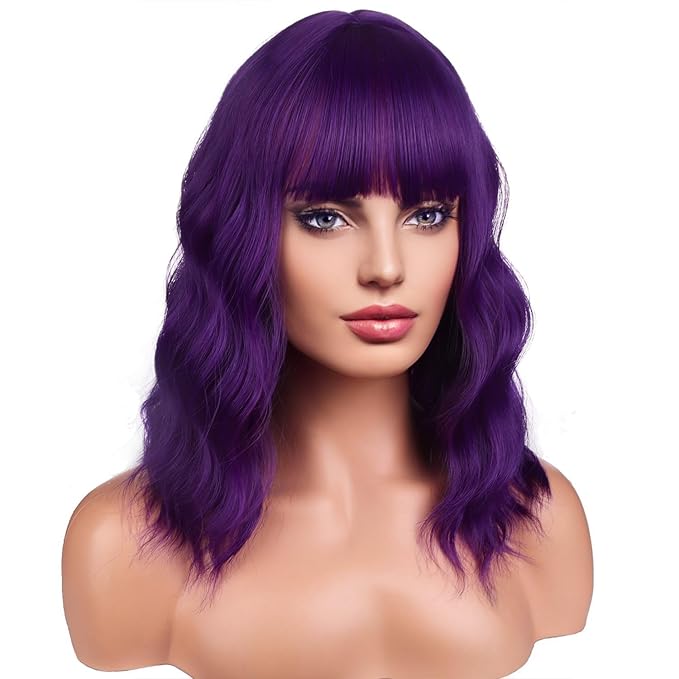 BERON 14 Inches Purple Wig for Women Short Curly Wig Dark Purple Wigs Synthetic Wigs with Bangs Hairnet Include