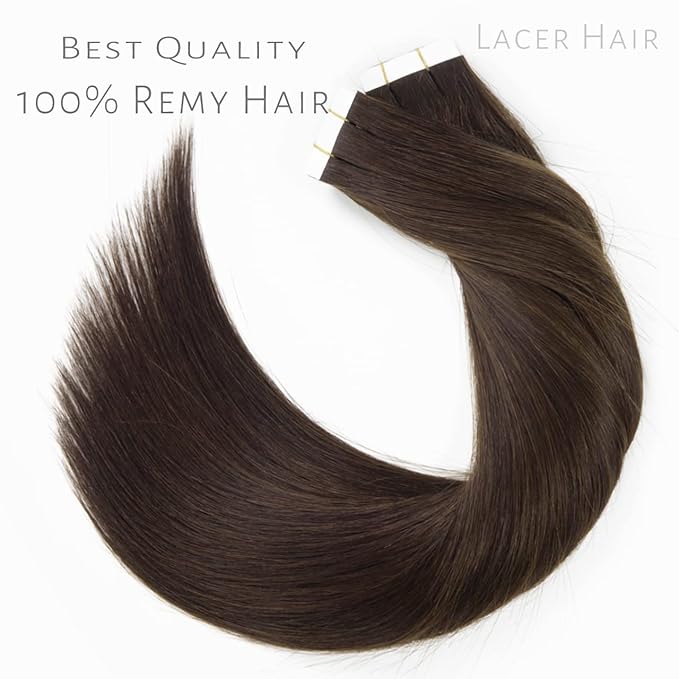 Lacer Real Human Hair Tape in Extensions Black 20 Inch Double Sided Skin Weft Hair Extensions Tape in 20Pcs 50 Gram Color 2A Dark Bown