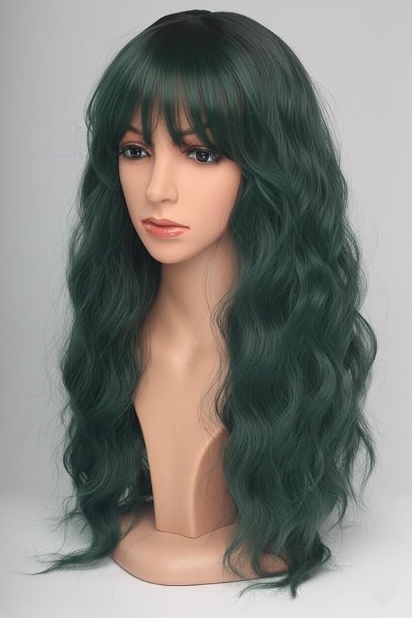 24 Inch Forest Green Wavy Wig with Bangs, Heat Resistant Synthetic Hair for Women, Adjustable Cap with Snap Clips for Daily Use, Wedding, Cosplay
