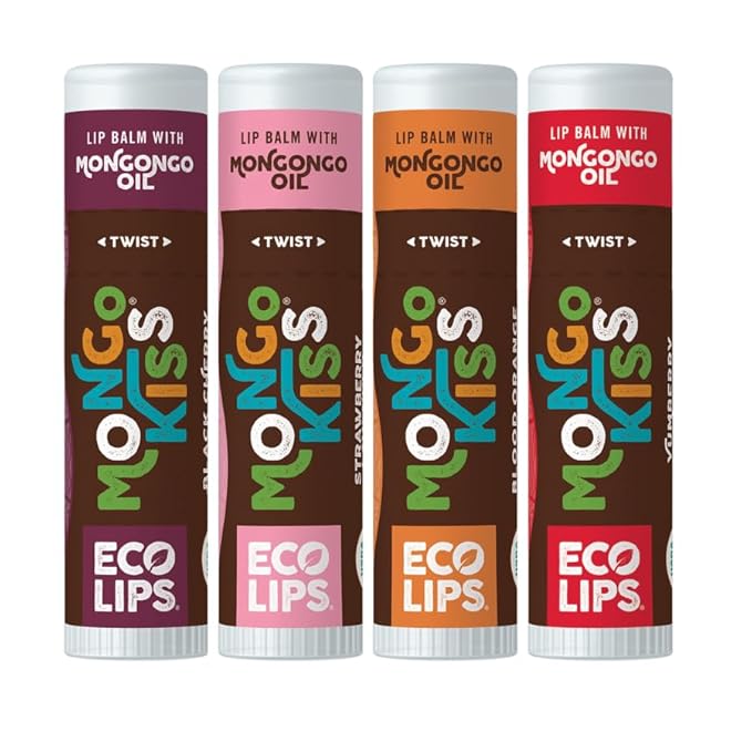 Eco Lips Mongo Kiss Organic Lip Balm 4 Pack Blood Orange, Yumberry, Strawberry Lavender, Black Cherry - 100 Percent USDA Organic - Soothe, Moisturize Dry