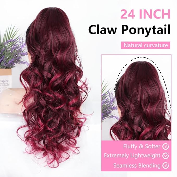 ALXNAN Ponytail Extension,24 Inch Claw Clip in Long Curly Wavy Wine Red Ponytail Hair Extension Jaw Clip on Pony Tails Hairpiece for Women