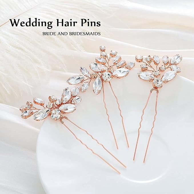 JAKAWIN Rhinestone Wedding Hair Pins Silver Bridal Crystal Hair Jewelry Accessories for Women HP130 (Rose Gold)