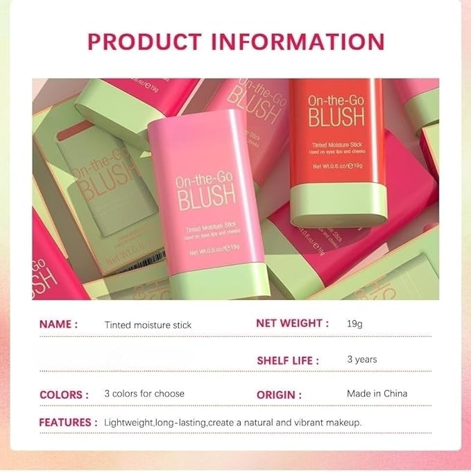 On-the-Go Makeup Blush Stick Tinted Moisture Stick, Shadow Lips Cheek Blusher Creamy Makeup Long Lasting Natural Nude Makeup for All Skin (3PC)