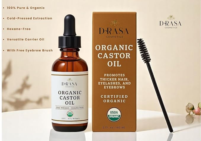 Organic Castor Oil– 100% Pure, Extra Virgin (2oz Glass Bottle), Cold-Pressed, Hexane-Free, Promotes Growth of Hair, Eyebrows & Eyelashes, For Castor Oil Packs, With Free Eyebrow Brush