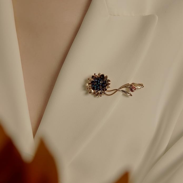 Sunflower Brooch pin with hand beading, She's Free Style Just For You Flower Oil Dropping Brooches for women, Metal Plating Process Safety pins with Nail Bead Crystal