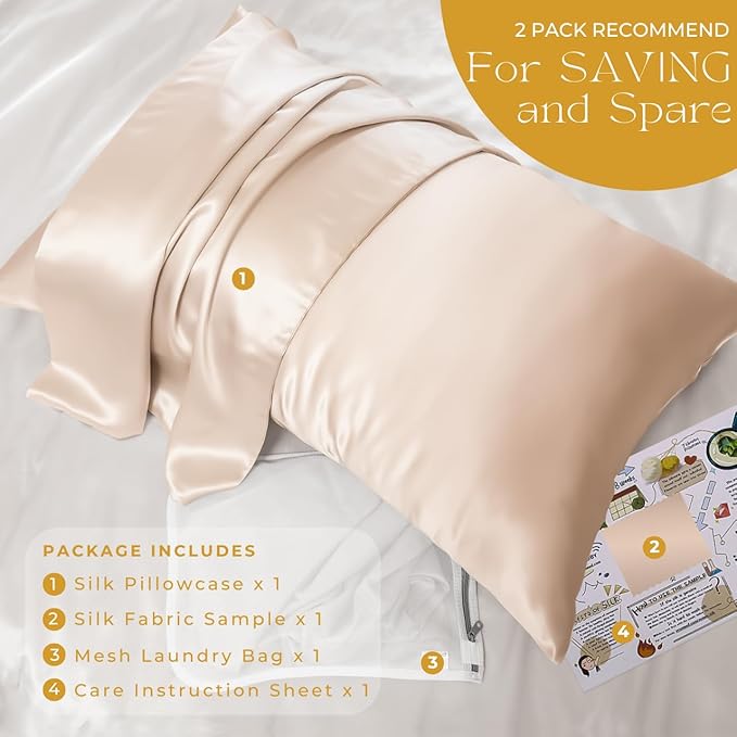 PROMEED 100% Mulberry Silk Pillowcase for Hair and Skin, Both Sides 23 Momme Grade 6A+ Silk Pillow Case with Hidden Zipper, 1400 TC, Soft & Smooth (Standard 20"x26", Champagne)
