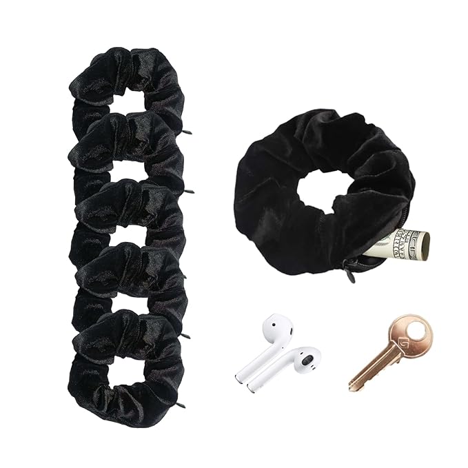 Zipper Scrunchie,Velvet Scrunchie with Zipper Pocket for Women - Hair Tie with Hidden Storage Compartment for Cash, Lipstick, Keys & Valuables | Hidden Compartment Items for Travel (Black, 6PCS)