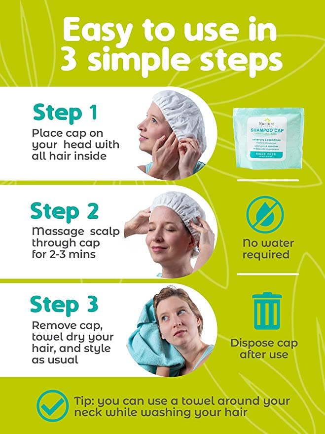 No Water Rinse Free Shampoo Cap by Nurture | Microwavable Washing & Conditioning Shower Caps to Wash Hair w/o Bath | Waterless Bathing | Disposable & Hypoallergenic for Adults, Bedridden & Elderly