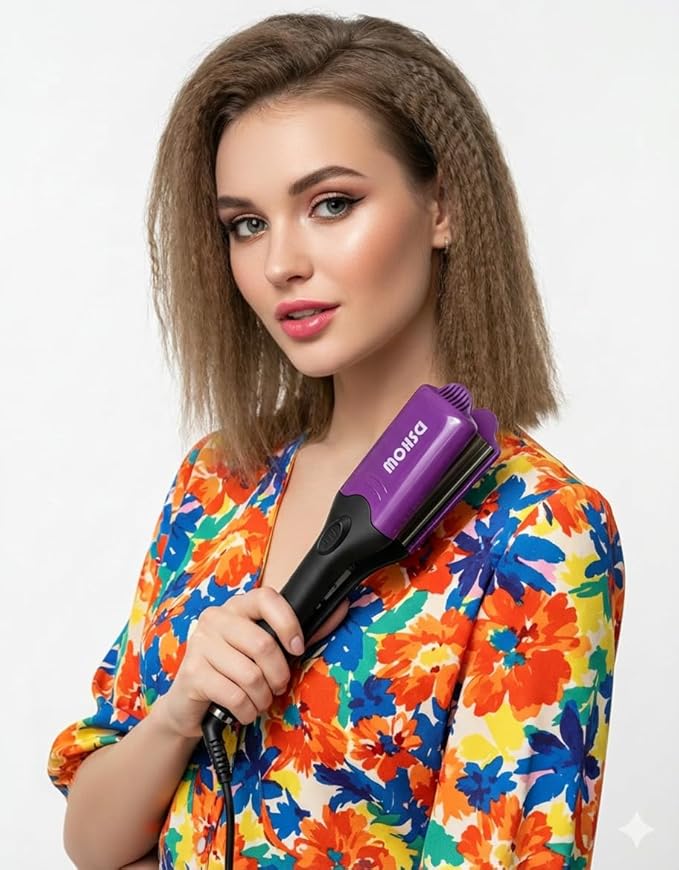 DSHOW 4 in 1 Hair Crimper Hair Waver Hair Straightener Curling Iron with 4 Interchangeable Titanium Ceramic Flat Crimping Irons Plates (Purple) (Blush)