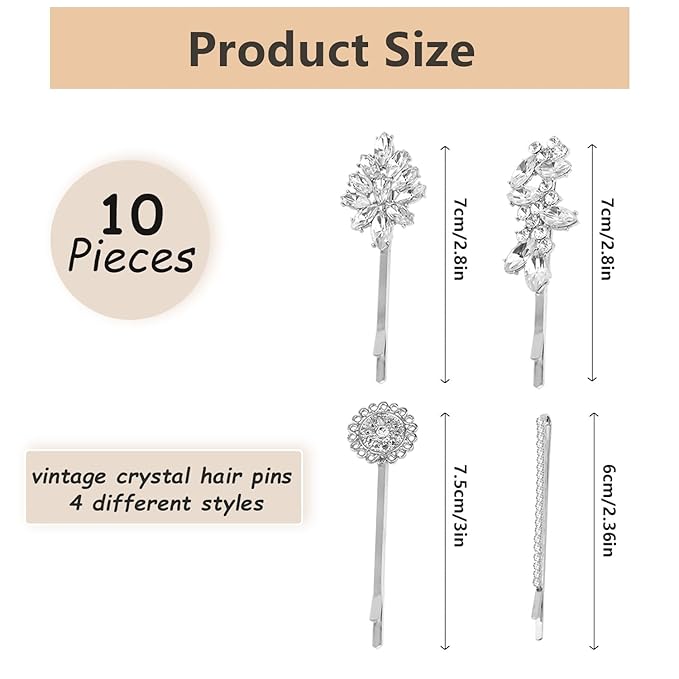 10 Pieces Rhinestone Hair Clips, Crystal Bobby Hair Pins Decorative Rhinestone Hair Barrettes for Wedding, Leaf Feather Sunflower Hair Clips Metal Hair Accessories for Women,4 Styles (silver)