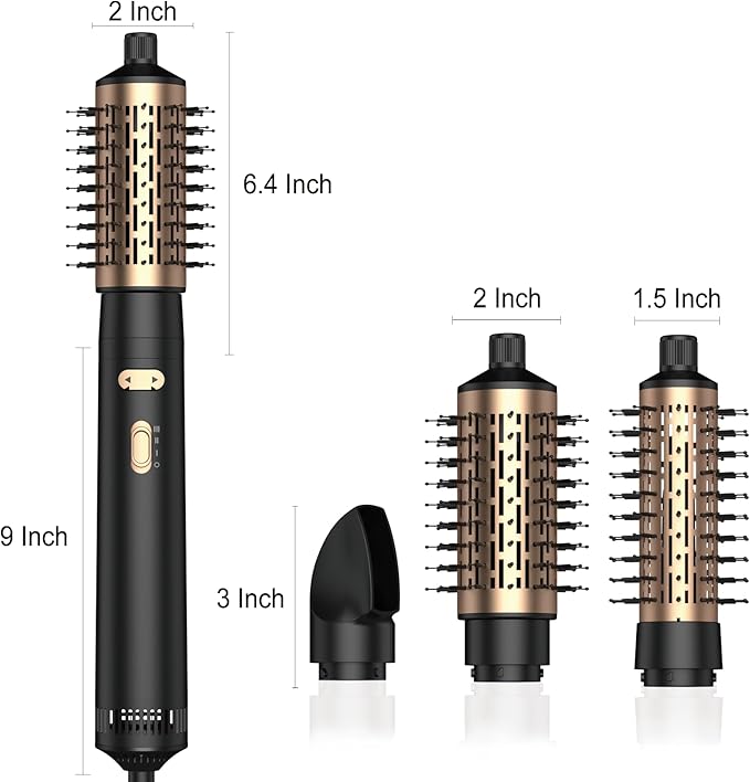 Hair Dryer Brush, 4 in 1 Rotating Round Hot Air Spin Brush Set Negative Ionic Professional Blow Dryer with Detachable Brush(2" & 1.5"), 3 Heats and 2 Speeds Rotating Blow Dryer Brush
