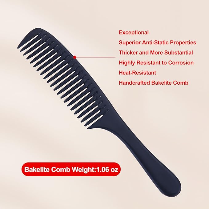 PERFEHAIR Wide Tooth Detangling Comb for Women - Large, Thick, Durable Bakelite Anti-static Hair Comb for Straight, Wet, Short, Thin Fine Hair - Black, Professional Hair Detangler