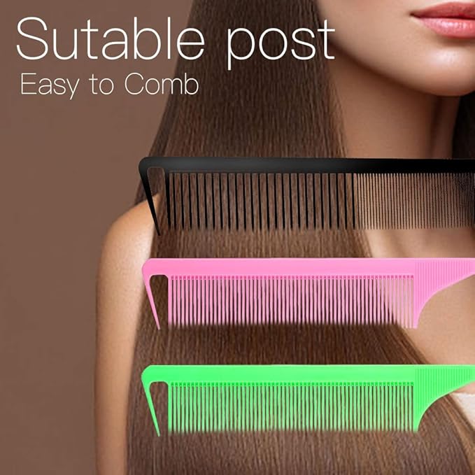 3-in-1 Rat Tail & Pintail Comb Set - Carbon Fiber & Stainless Steel for Braids, Barber Styling, Salon & Home Use (Black, Pink, Green)