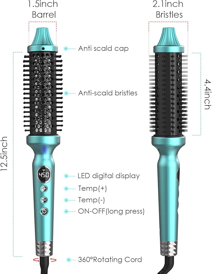 1 1/2 Inch Thermal Brush Negative Ion Heated Round Brush Dual Voltage 12 Temperature Settings Curling Hairbrush for Medium Long Hair (1.5 Inch Barrel 2.1 Inch Bristles)