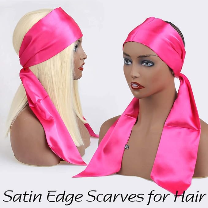 XTREND 2Pcs Satin Edge Scarves for Wig 58 Inch Women's Laying Scarf for Lace Wig Non Slip Hair Wrap Wigs Grip Band for Yoga, Makeup, Facial, Sport (1pc Pink#+1pc Black#)