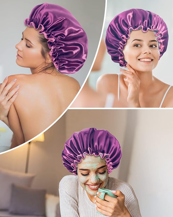 Aquior Shower Caps, Reusable Shower Cap for Women, Double Layer Waterproof Hair Cap, Large Size for All Hair Lengths,for Girls Spa Home Salon Use (purple)