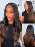 Julia Hair Chestnut Brown Ombre Yaki Straight 7x5 Pre Cut HD Lace Put On and Go Wig Bye Bye Knots Glueless Human Hair Wigs with Invisi Drawstring Pre Plucked Bleached Knots Beginner Friendly 20 Inch